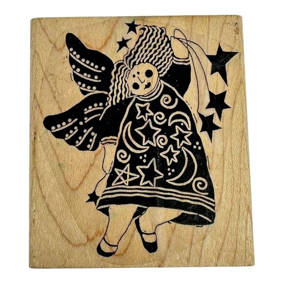 A Stamp In The Hand Angel with Stars Wood Mounted Rubber Stamp Vintage 1994 - Picture 1 of 6